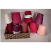 Image 1 : Nine full and partial cones of knitting machine/ hand knitting yarn including full Barbie Pink, Newr