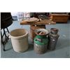 Image 1 : Five gallon Medalta double handled crock, two cream cans, cabbage cutter, small wooden barrel etc. N