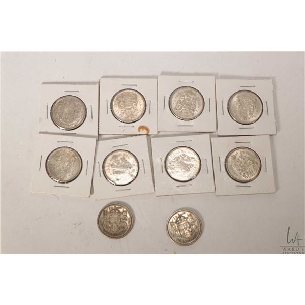 Ten Canadian fifty cent pieces including 1956, 1957, 1958, 1960, 1961, 1962, 1963, 1964, 1965 and 19
