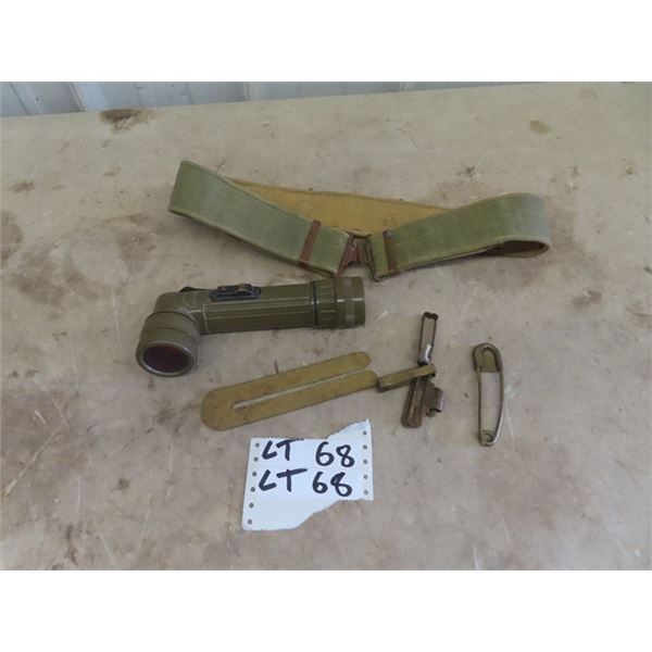 Military Army Flashlight , Army Belt w Brass Hardware