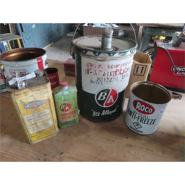 4 Oil Cans - BA 5 Gal , BA Outboard Motor Oil, ROCO Antifreeze, GM Motor Co Shock Absorber Fluid