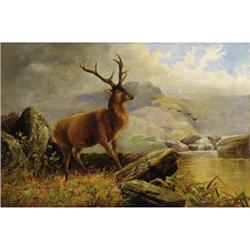Henery Morris Oil on canvas Stag at Stream