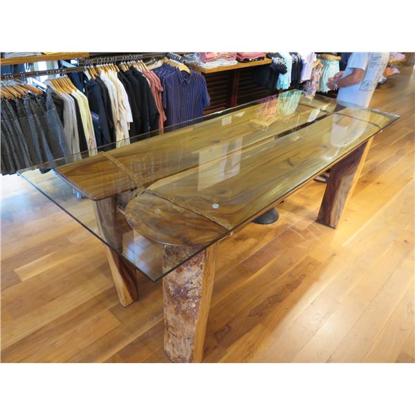 Tall Alaia Board-Theme Table with Glass Top by Ben Wilkinson (table 99" long, 36"w, 36"H)