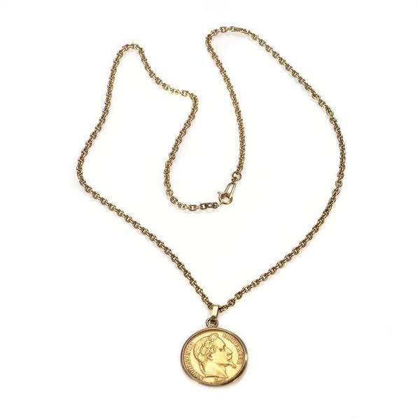 Gold coin and gold pendant with chain