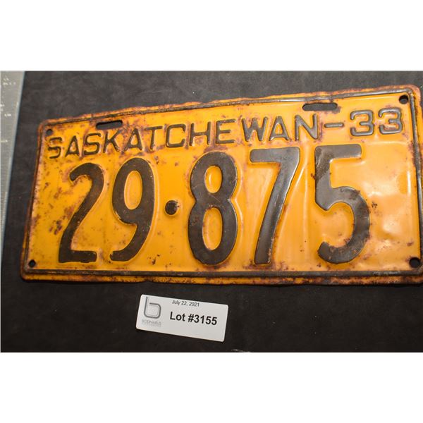 SASKATCHEWAN LICENSE PLATE..............1933