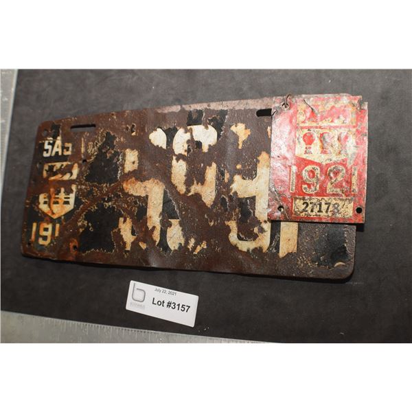 SASKATCHEWAN LICENSE PLATE..............1919 C/W 1921 TAG