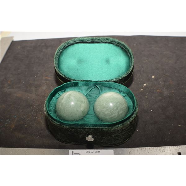 ANTIQUE HEAVY JADE BALLS IN MOHAIR BOX CHINESE