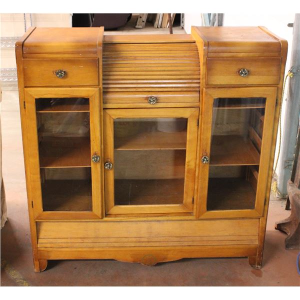 Vintage Wooden Cabinet with Roller Drawer Top, Glass Doors - 46"wide, 48" Tall, 17"deep