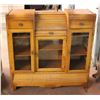 Vintage Wooden Cabinet with Roller Drawer Top, Glass Doors - 46"wide, 48" Tall, 17"deep
