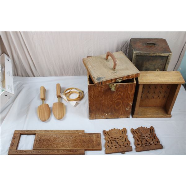 Various Wood Items - Shoe Stretches, Drawer, Key Holder