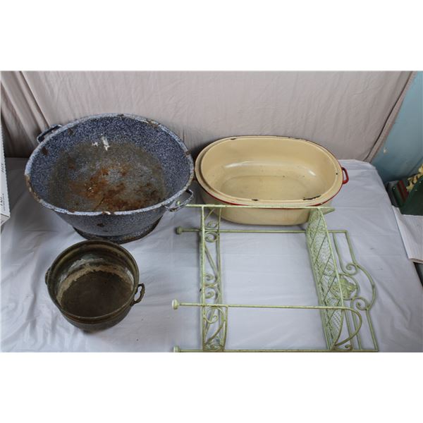 Enamelware, Brass Pot, Vintage Metal Shelf