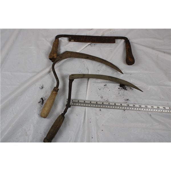 2 antique hand scythes and saw