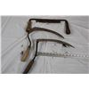 2 antique hand scythes and saw