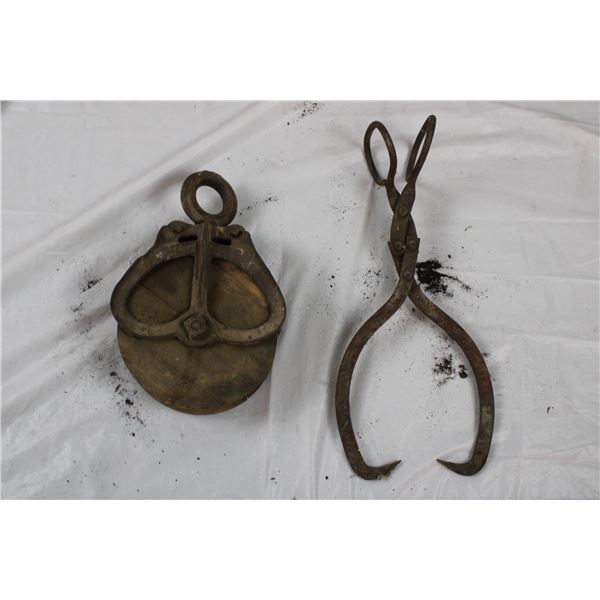 Antique Wooden Well Pulley + Steel Ice Tongs