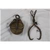 Antique Wooden Well Pulley + Steel Ice Tongs
