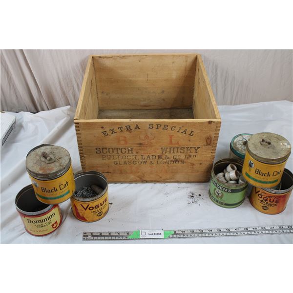 Tobacco Tins, insulators, Wooden Scotch Whisky Crate - 16x16x10"tall