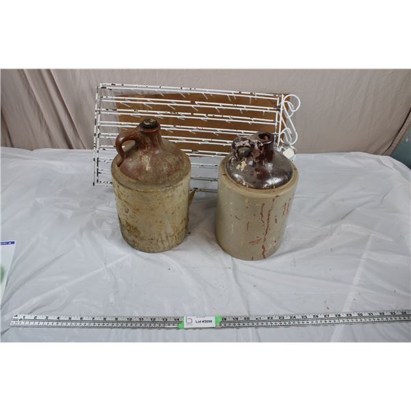 Vintage Whisky Jugs (with contents) and wire racks