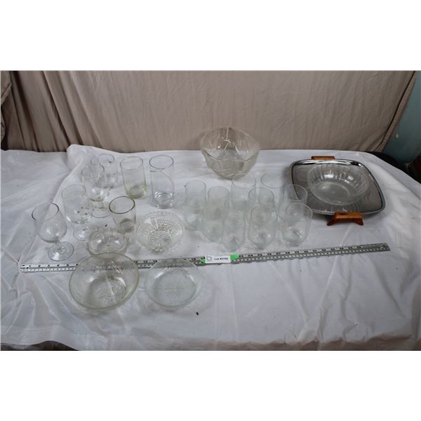 12cup etched glass set with unique candy bowl, metal serving tray + miscellaneous glassware
