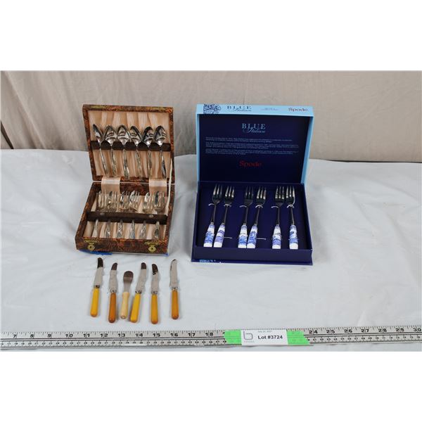 Angora Silverplate fork/spoon set + Miniature Butter Knife set + Royal Delft Blue Italian Spode Fork