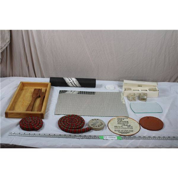 Mirror placemat, Stone Bun Warmers, Wooden serving Tray, 2 sets of Napkin Rings
