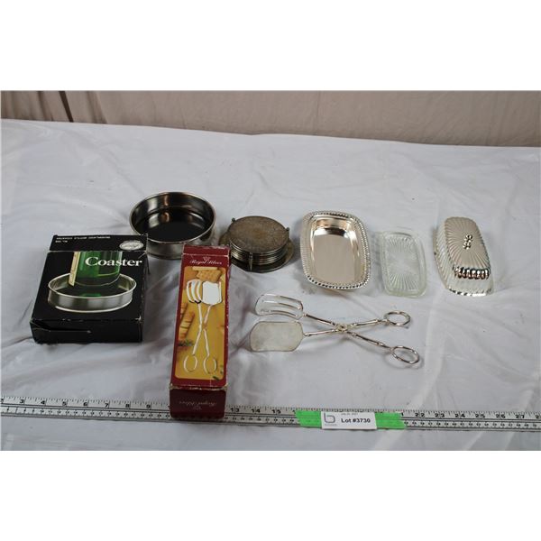 Silver Plated Wine Coaster, set of 6 coasters, silver plated Tongs + Butter dish