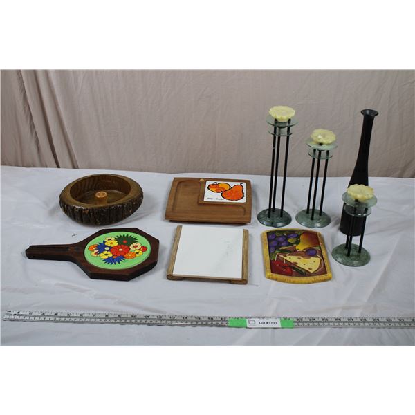 Wooden Candy Bowl, Serving plates, 3 Milano Candle Holders, Slim Vase (Stone or Ceramic)