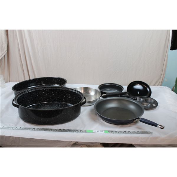 Large Enamel Roaster + Frying Pans
