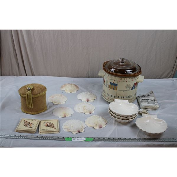 Stone CrockPot, Seashell Coasters, (real seashell) serving trays + stone serving trays