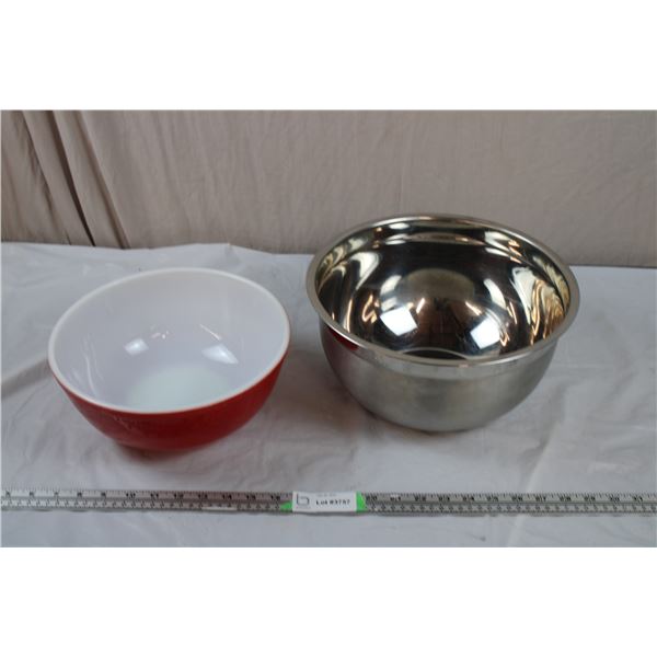 Red Pyrex Bowl (10.5"round, 4.5"tall) + Large Stainless mixing bowl - 12" round, 6" deep