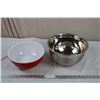 Image 1 : Red Pyrex Bowl (10.5"round, 4.5"tall) + Large Stainless mixing bowl - 12" round, 6" deep