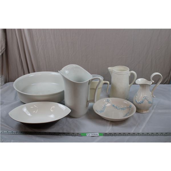 Plastic and Ceramic Pitchers + Bowls