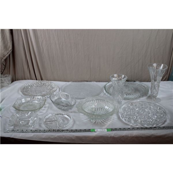 Clear + Etched Glass Serving Trays, Bowls, Vases