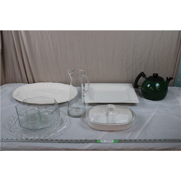 Italian Serving Tray, Turkey Platter, Divided Dish (corningware), clear glass pitcher