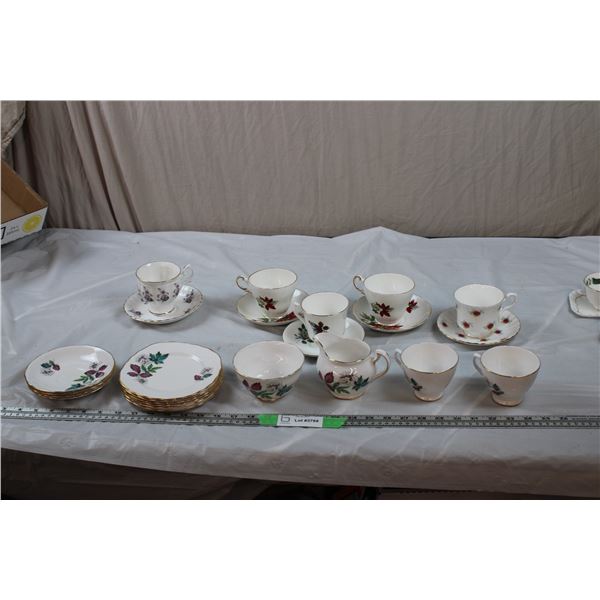 Queen Anne Plates (6), Creamer + Sugar, 2 Cups with 4 saucers, 5 various bone china cup + saucers