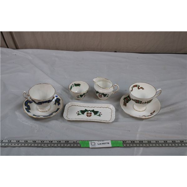 Scottish sets Adderley + Elizabethan Cup + saucers, cream + sugar serving tray