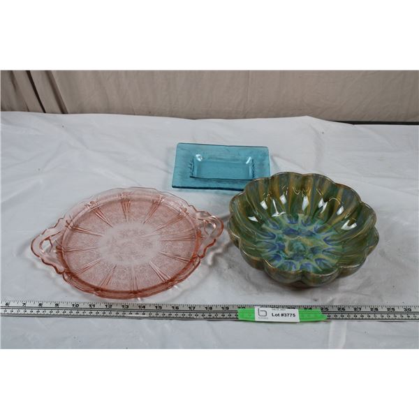 Pink Depression? Glass Serving Tray, Blue Mountain Pottery Dish, Blue Glass dish