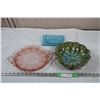 Pink Depression? Glass Serving Tray, Blue Mountain Pottery Dish, Blue Glass dish