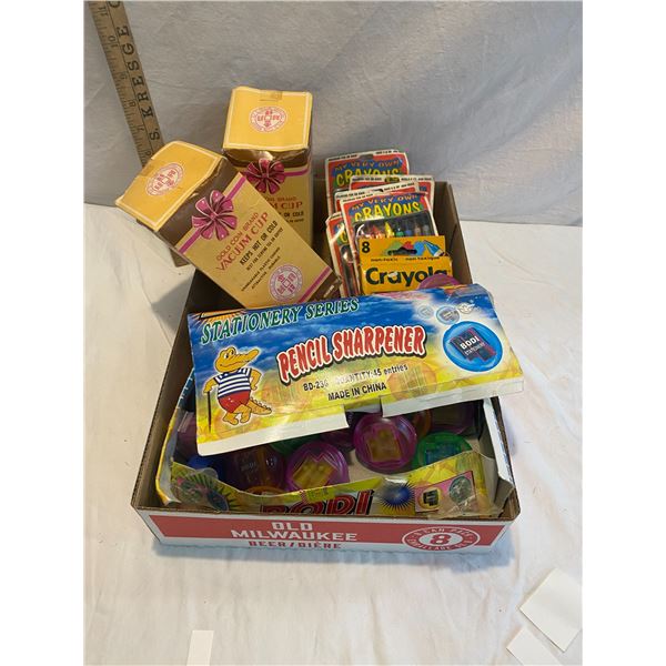 Crayons, sharpeners and vacuum cups