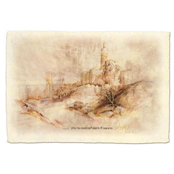 Brachi Horen, "Migdal David" Hand-Embellished Mixed Media with Goldleaf, Hand Signed with Certificat