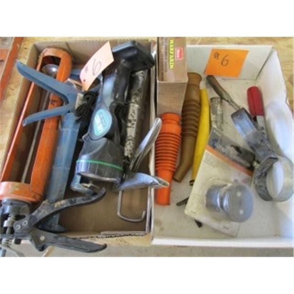 CAULKING GUNS, FLASHLIGHT, OIL FILTER WRENCHES & SPOUTS FOR JERRY CANS