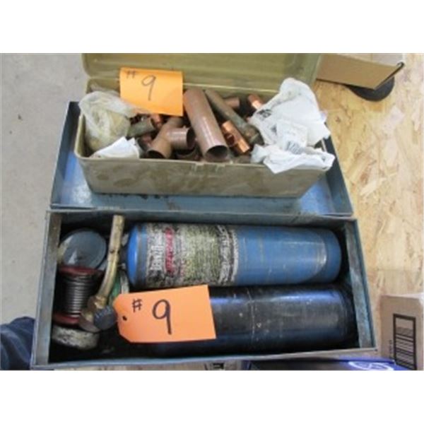 BOX OF COPPER PLUMBING FITTINGS, ACETYLENE TORCH KIT
