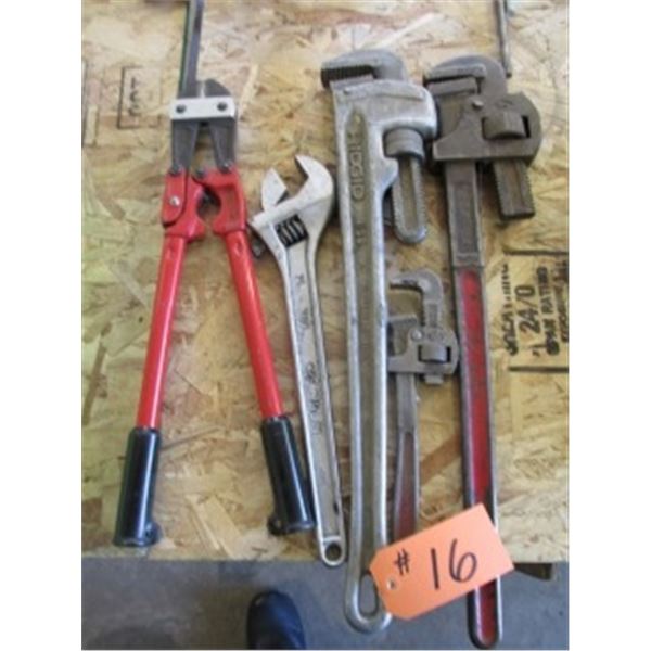 2 - 24” PIPE WRENCHES, 10” PIPE WRENCH, 15” CRESCENT WRENCH, #18 BOLT CUTTER