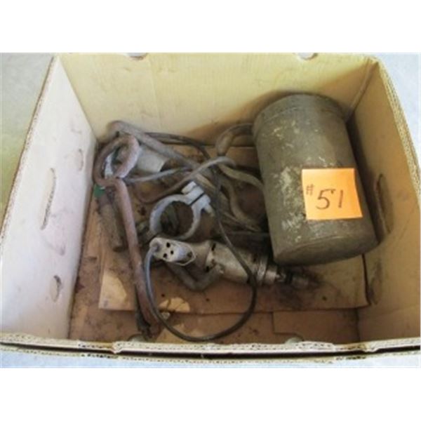 VINTAGE OIL DISPENSER, BALE GRAPPLE HOOKS