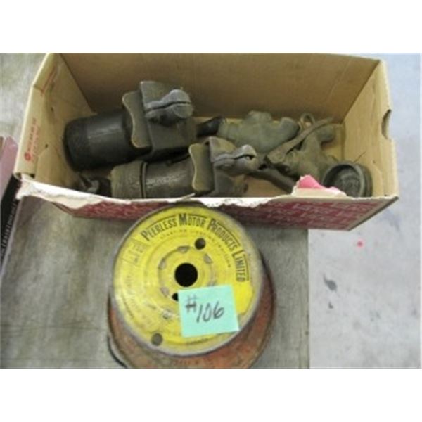 VINTAGE GAS BARREL TAPS, WATER TAPS, OIL CAN & ROLL OF AUTOMOTIVE WIRE