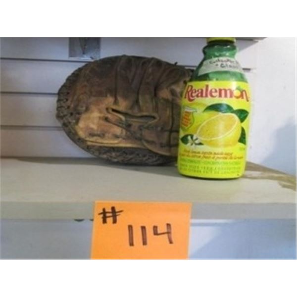 VINTAGE CATCHER’S BASEBALL GLOVE & REAL LEMON BOTTLE