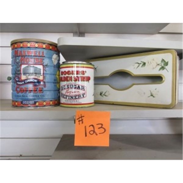 COLLECTOR’S COFFEE CAN, SYRUP CAN & METAL KLEENEX BOX HOLDER