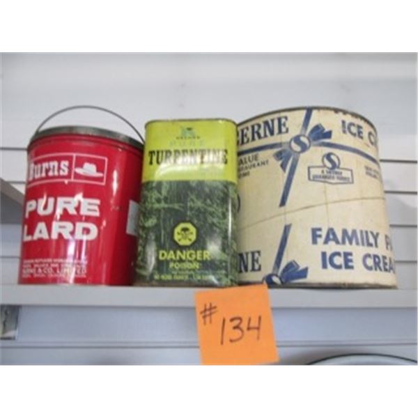 COLLECTOR’S PAPER ICE CREAM CONTAINER, TURPENTINE CAN & LARD PAIL