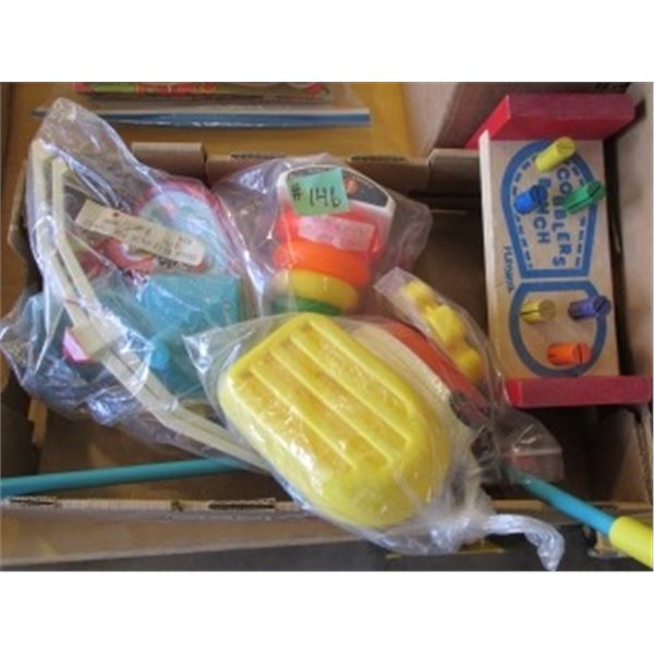 VINTAGE FISHER PRICE TOYS; #4Z4 RATTLE, #120 BATHTUB TOYS ‘78, #627 STACKING TOY, #174 CRIB MOBILE