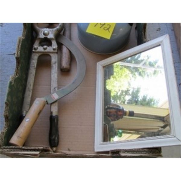 VINTAGE CALF CASTRATION CLAMP BURDIZZO, VINTAGE HATCHET, VINTAGE SICKLE AND MIRROR