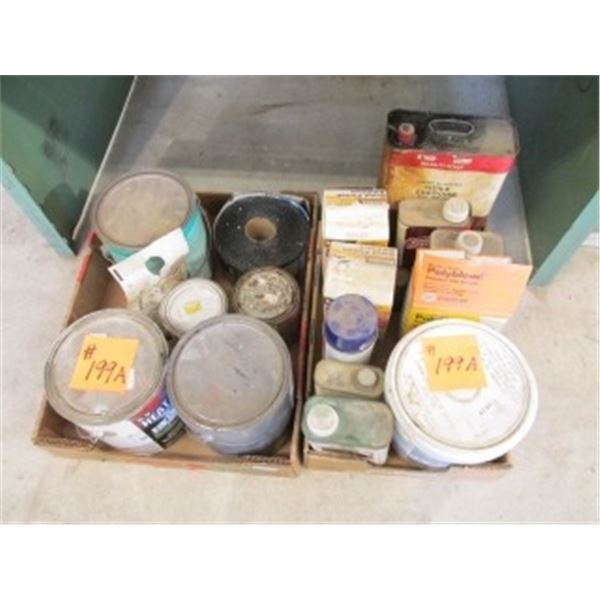 PARTIAL CANS OF GLUE, WOOD TREATMENT, STAIN & ROOF SEALANT